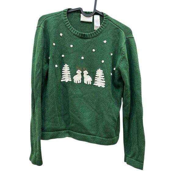 Vintage Liz Claiborne Reindeer Christmas Sweater Women’s S Green Knit Holiday - Picture 1 of 6